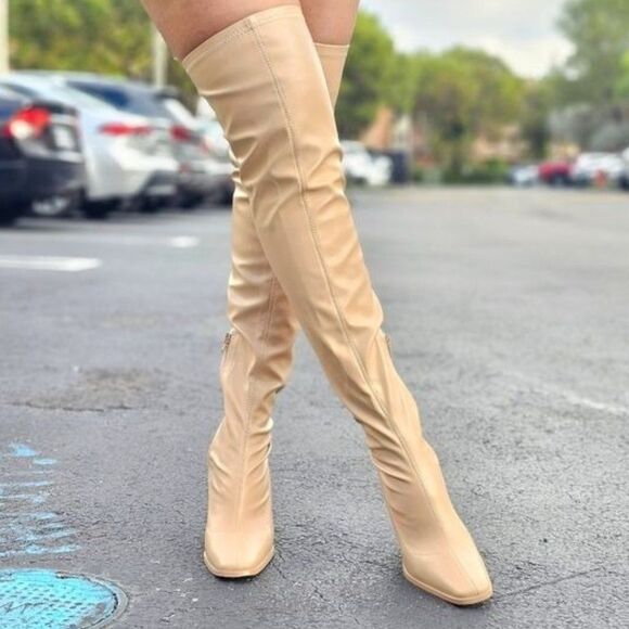Shoes - Women's Thigh High Over the Knee Boots Chunky Heel Nude Color